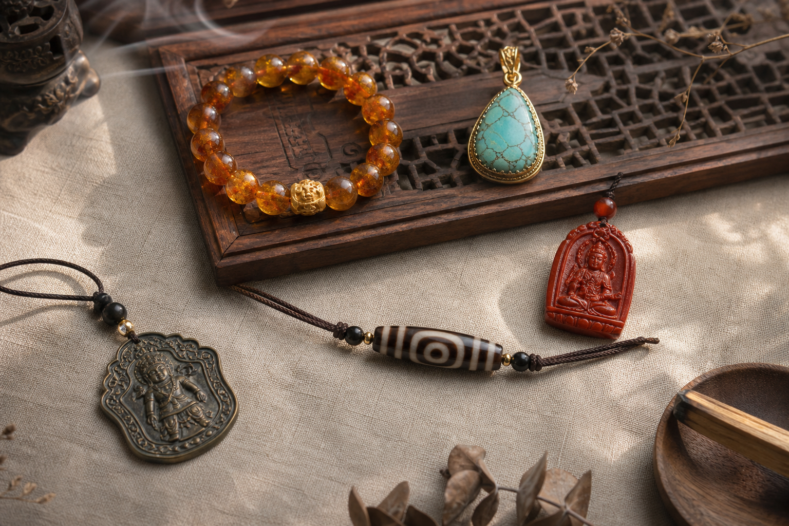A curated collection of amber, turquoise, nanhong, and amulet-inspired pieces.