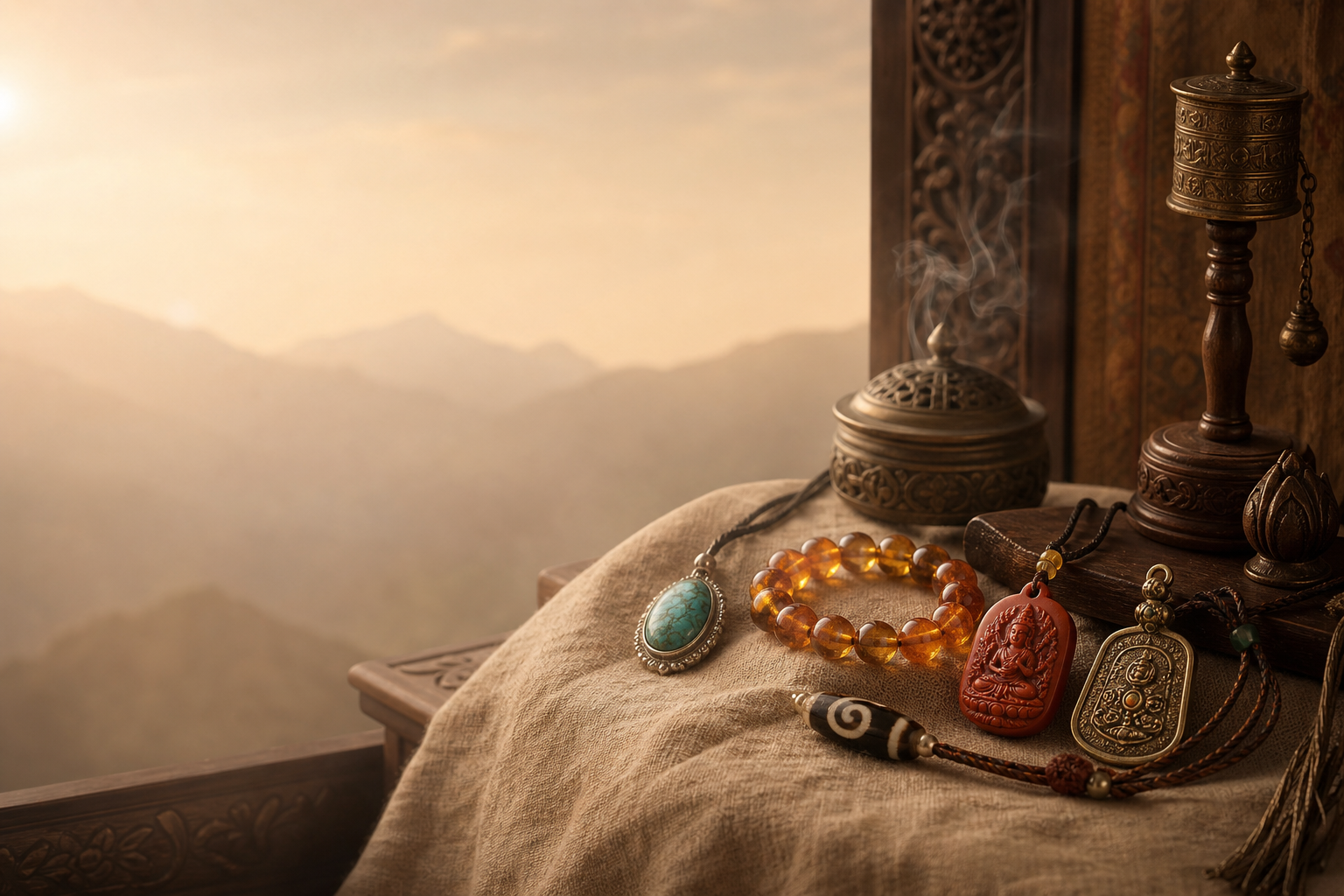 A warm altar scene with symbolic stones and protective objects.